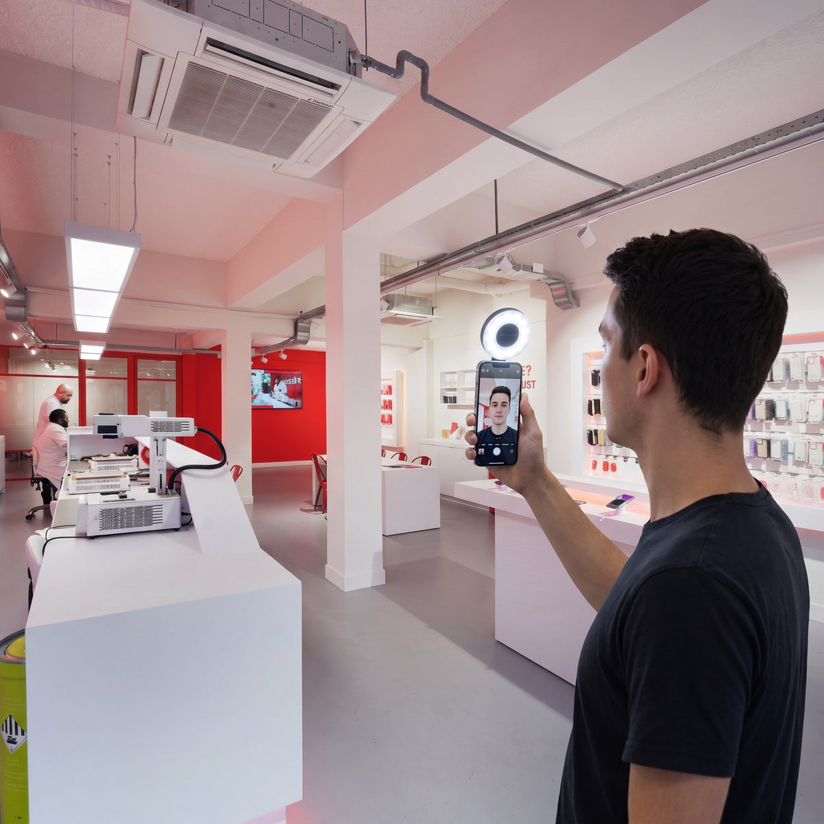 ThePhoneLab Magnetische Selfie Ringlight in gebruik in de winkel